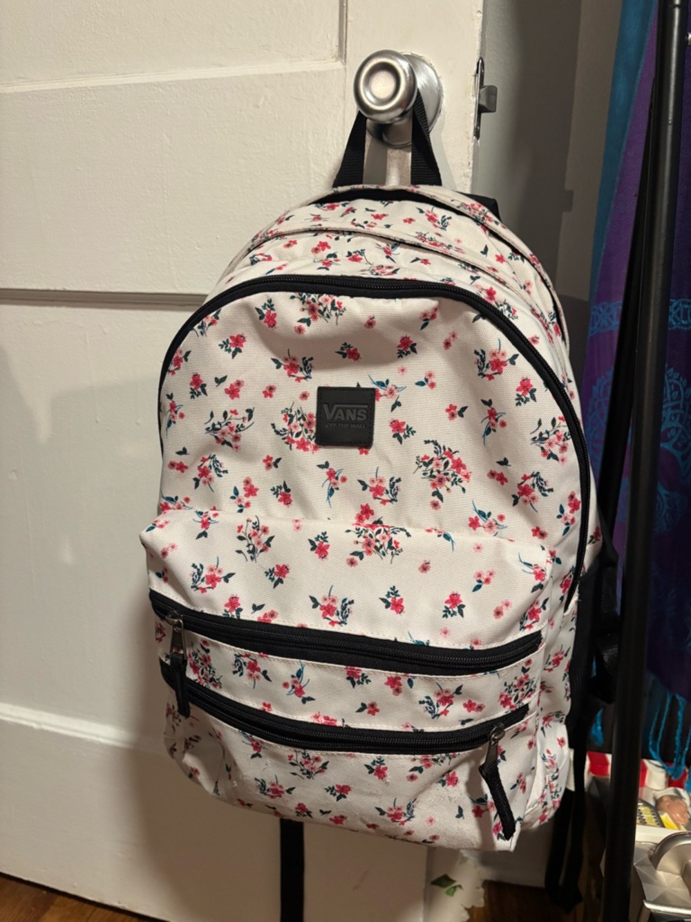 Vans White Canvas Backpack with Pink Floral Print